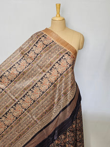 Block Printed Kalamkari Cotton Tussar Saree with Temple Jari Border