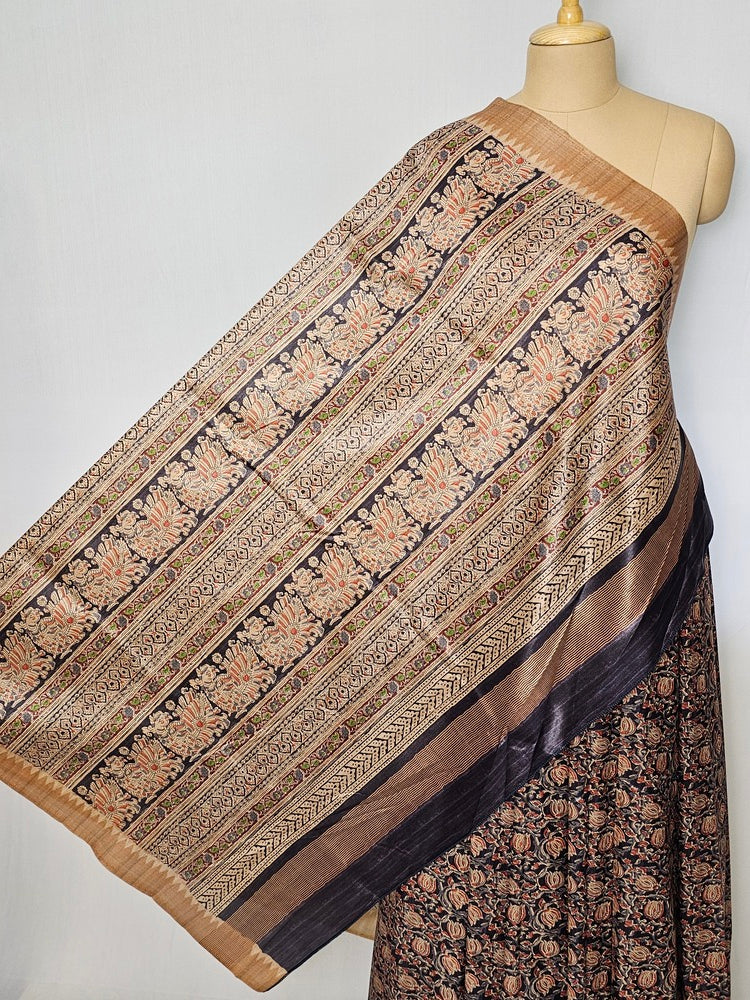 Block Printed Kalamkari Cotton Tussar Saree with Temple Jari Border