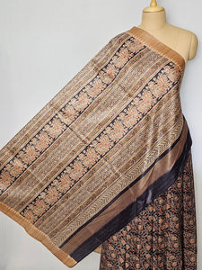 Block Printed Kalamkari Cotton Tussar Saree with Temple Jari Border