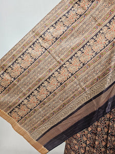 Block Printed Kalamkari Cotton Tussar Saree with Temple Jari Border