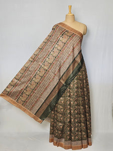 Block Printed Kalamkari Cotton Tussar Saree with Temple Jari Border