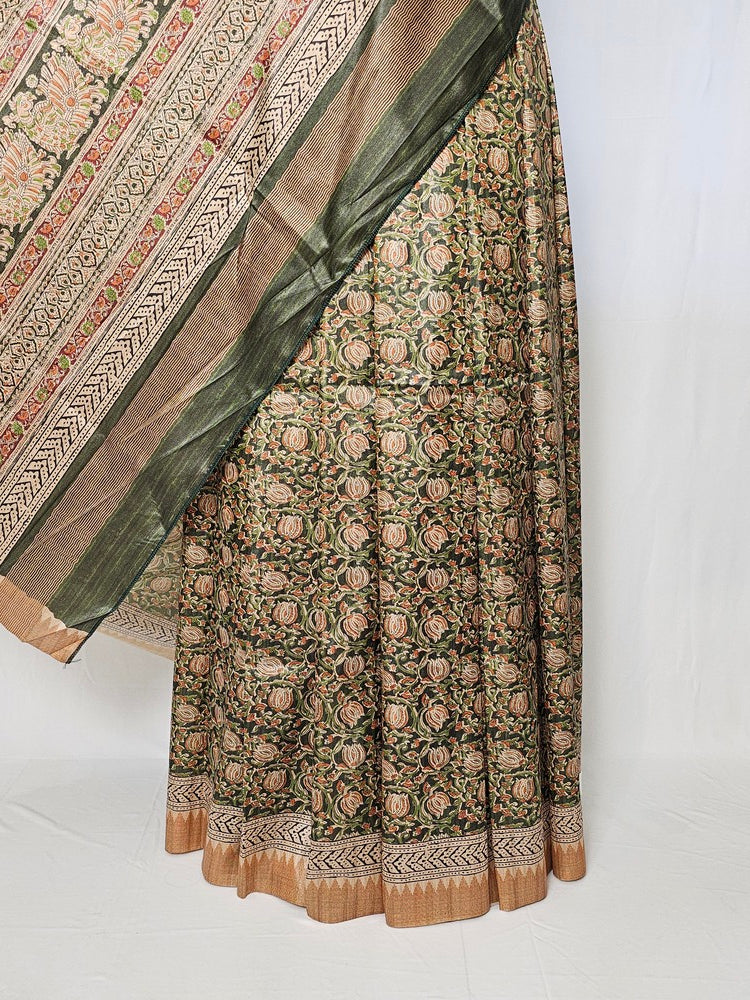 Block Printed Kalamkari Cotton Tussar Saree with Temple Jari Border