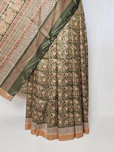 Block Printed Kalamkari Cotton Tussar Saree with Temple Jari Border
