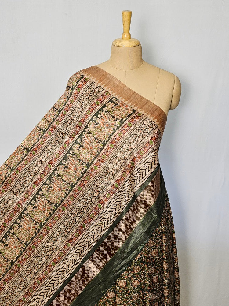 Block Printed Kalamkari Cotton Tussar Saree with Temple Jari Border