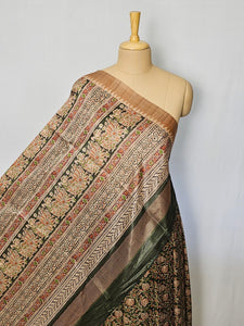 Block Printed Kalamkari Cotton Tussar Saree with Temple Jari Border