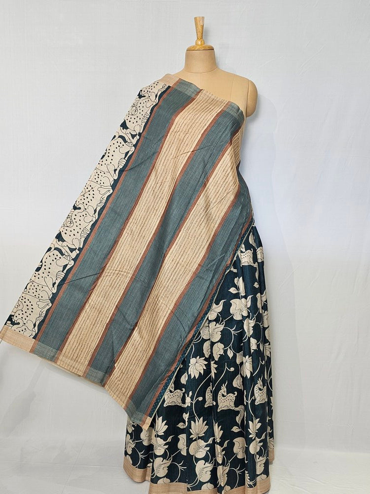 Pen Kalamkari Chiffon Saree with Deer & Lotus Motifs
