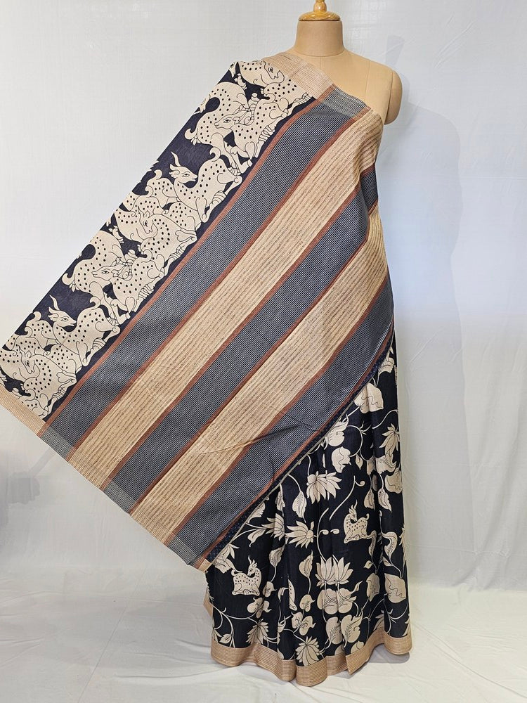 Pen Kalamkari Chiffon Saree with Deer & Lotus Motifs