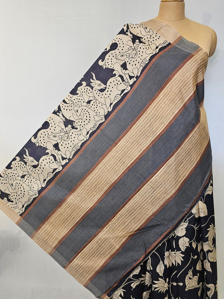 Pen Kalamkari Chiffon Saree with Deer & Lotus Motifs