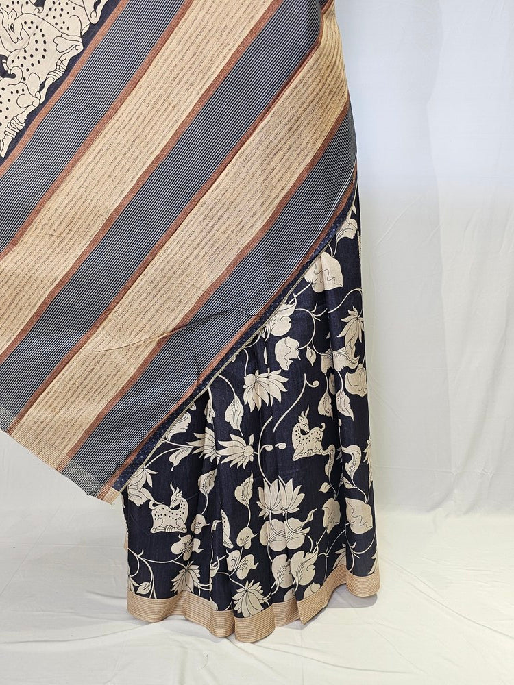 Pen Kalamkari Chiffon Saree with Deer & Lotus Motifs