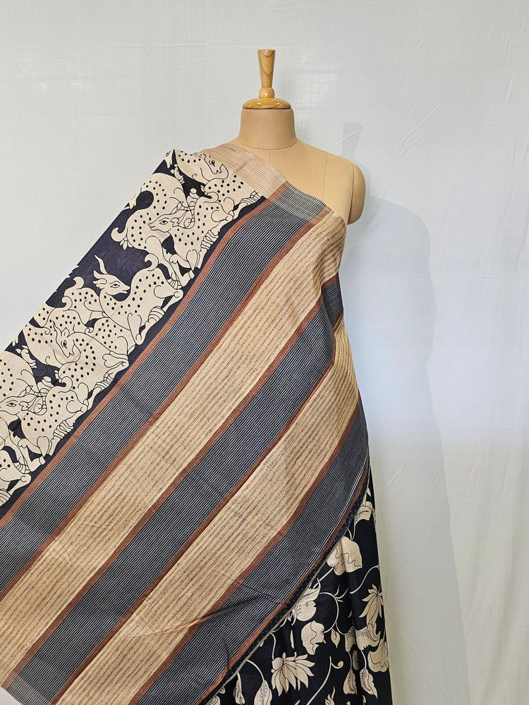 Pen Kalamkari Chiffon Saree with Deer & Lotus Motifs