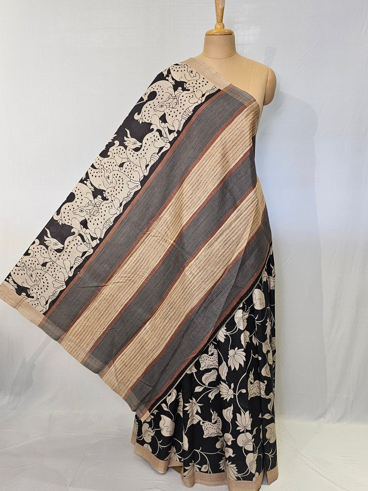 Pen Kalamkari Chiffon Saree with Deer & Lotus Motifs