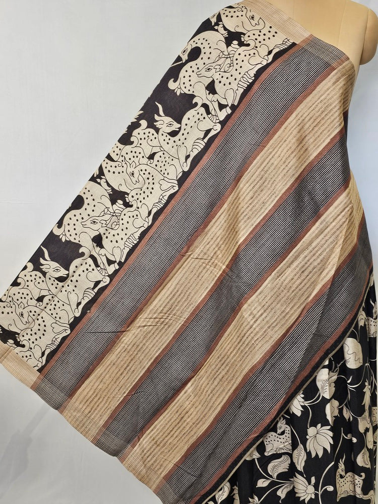 Pen Kalamkari Chiffon Saree with Deer & Lotus Motifs