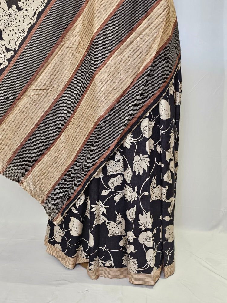Pen Kalamkari Chiffon Saree with Deer & Lotus Motifs