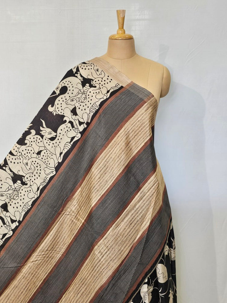 Pen Kalamkari Chiffon Saree with Deer & Lotus Motifs