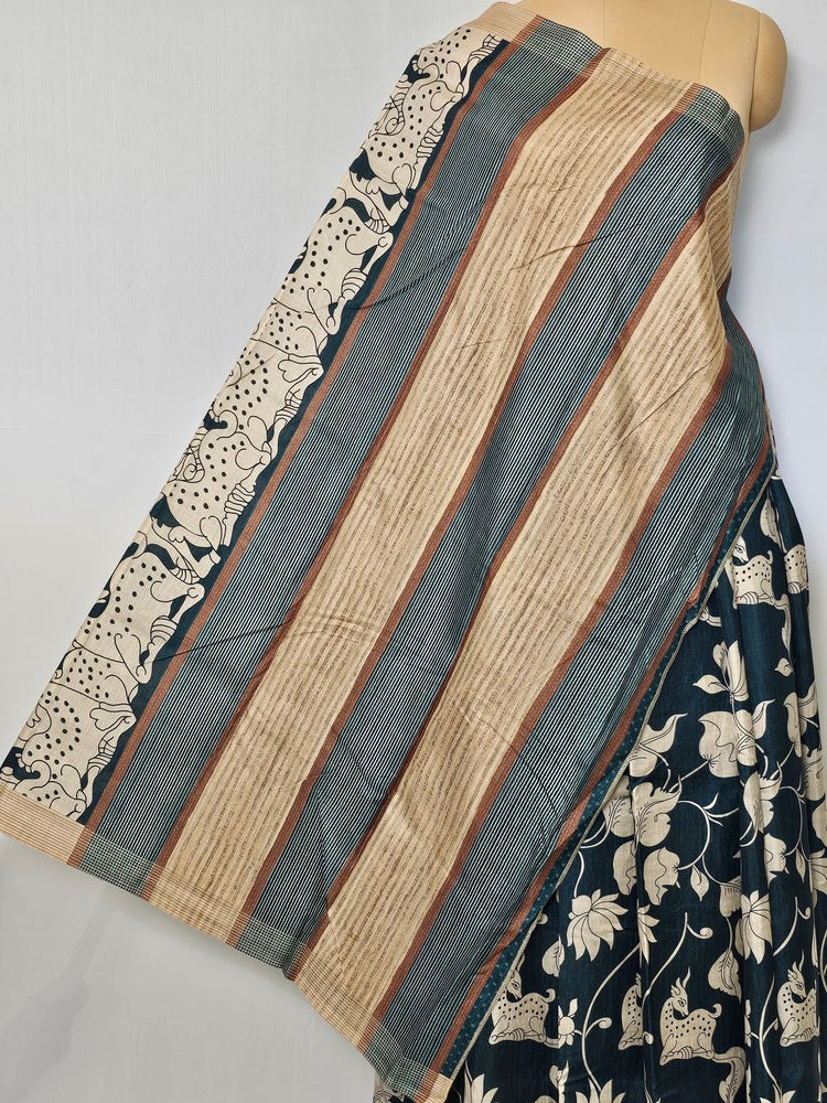 Pen Kalamkari Chiffon Saree with Deer & Lotus Motifs