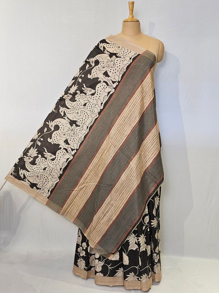Pen Kalamkari Chiffon Saree with Deer & Lotus Motifs