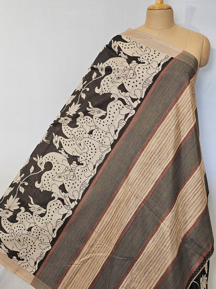 Pen Kalamkari Chiffon Saree with Deer & Lotus Motifs