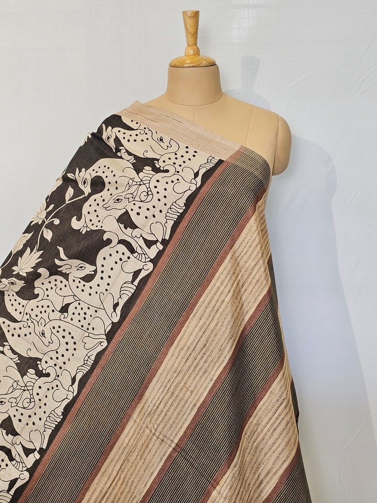 Pen Kalamkari Chiffon Saree with Deer & Lotus Motifs