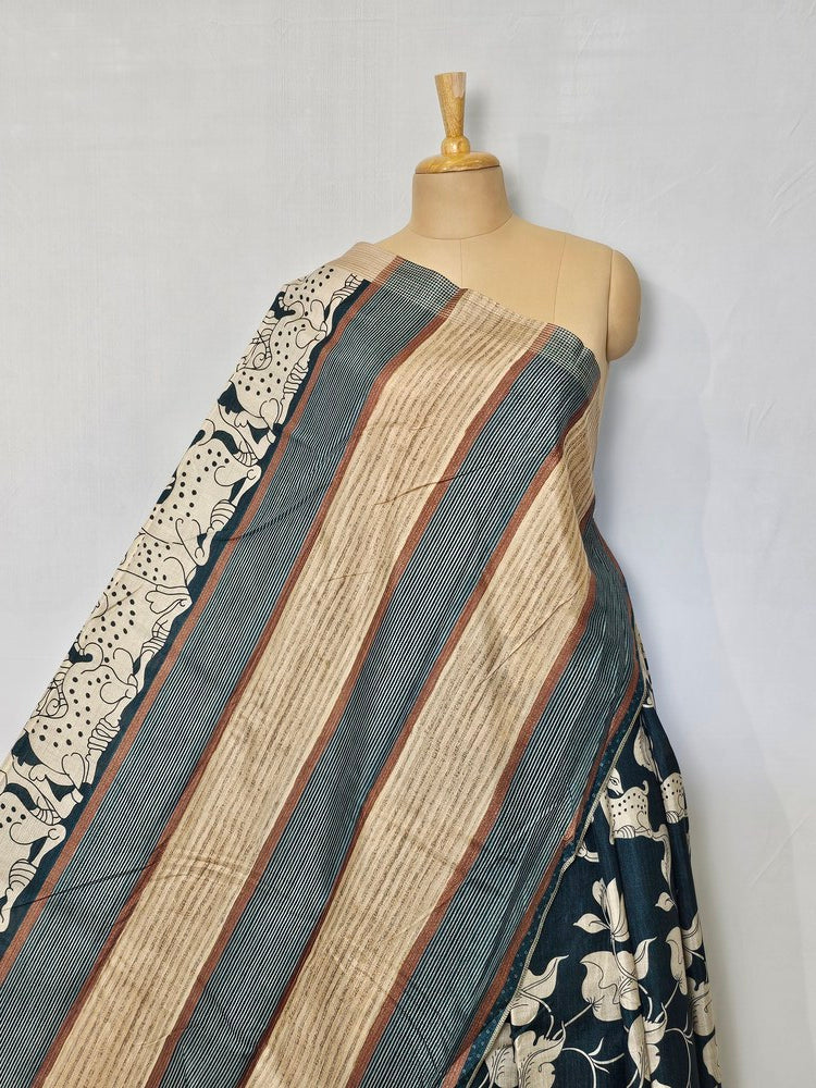 Pen Kalamkari Chiffon Saree with Deer & Lotus Motifs