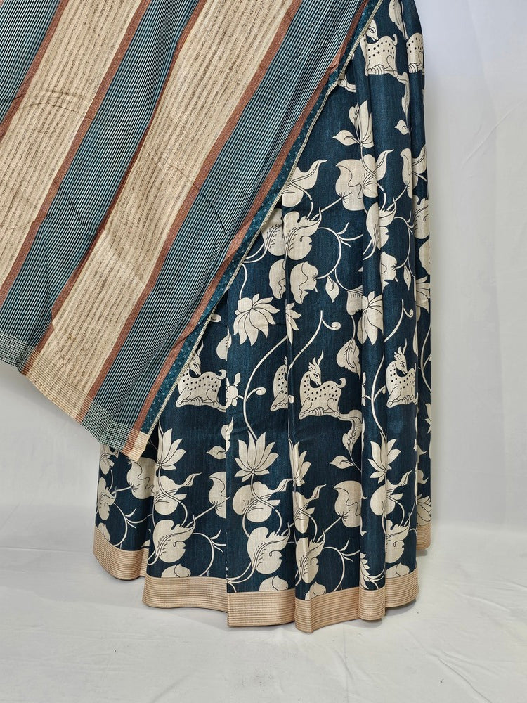 Pen Kalamkari Chiffon Saree with Deer & Lotus Motifs