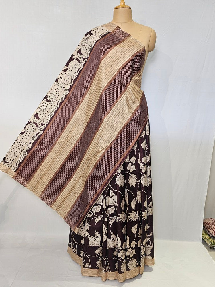 Pen Kalamkari Chiffon Saree with Deer & Lotus Motifs