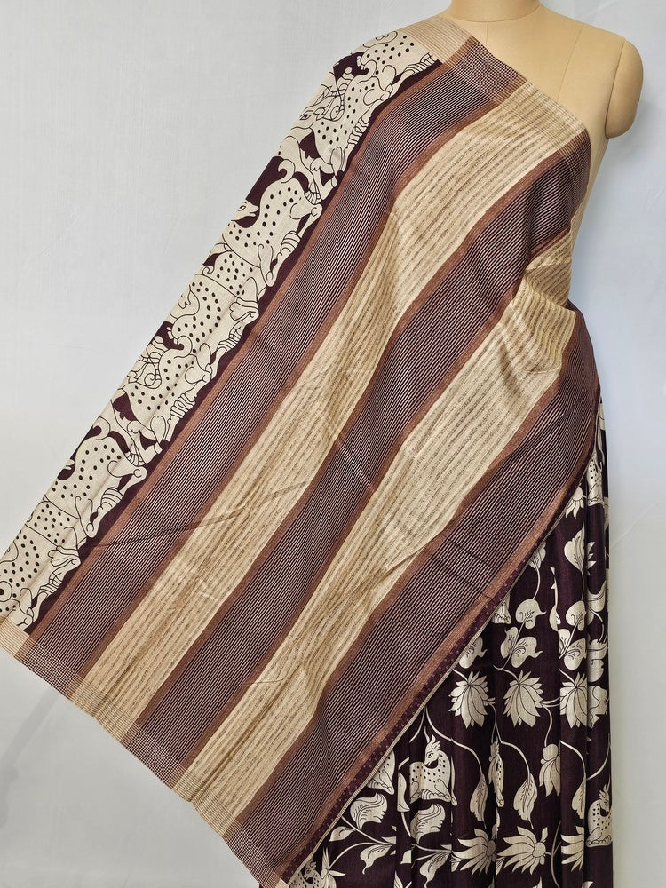 Pen Kalamkari Chiffon Saree with Deer & Lotus Motifs