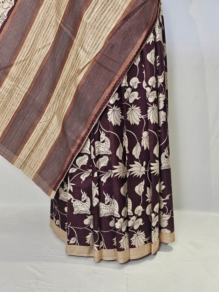 Pen Kalamkari Chiffon Saree with Deer & Lotus Motifs
