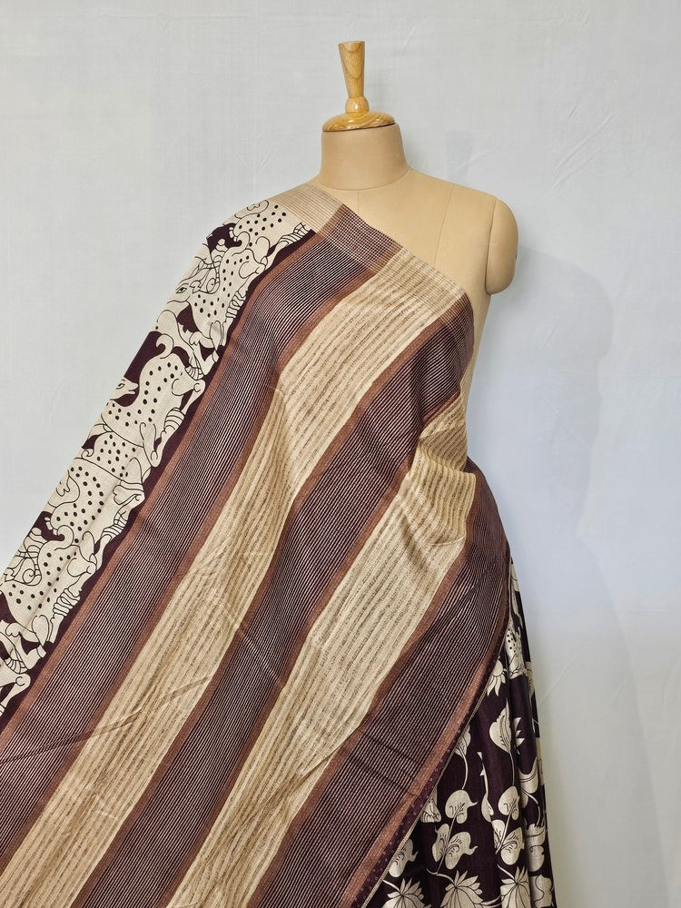 Pen Kalamkari Chiffon Saree with Deer & Lotus Motifs