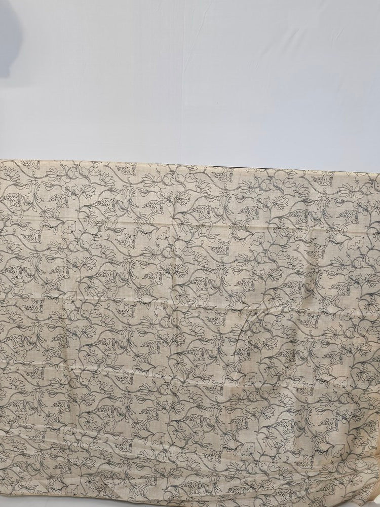 Pen Kalamkari Chiffon Saree with Deer & Lotus Motifs