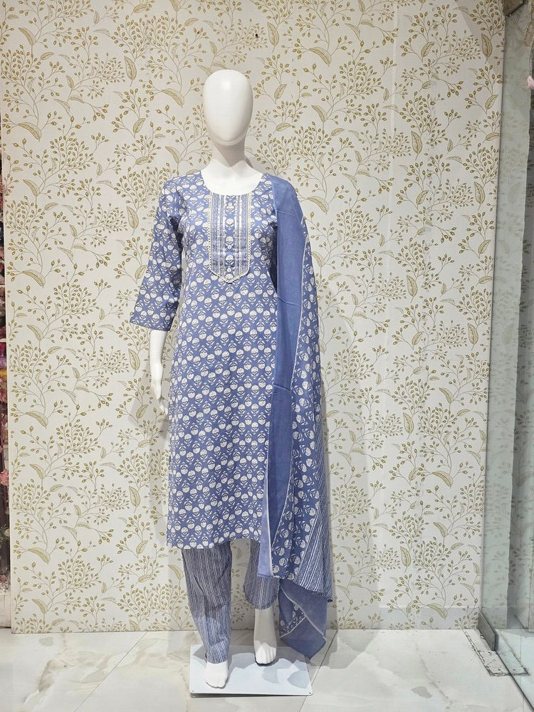 Elegant Cotton Kurta Set Thread Embroidered Neckline & Printed Kota Doriya Dupatta