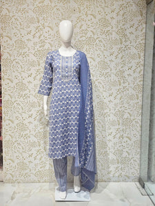 Elegant Cotton Kurta Set Thread Embroidered Neckline & Printed Kota Doriya Dupatta