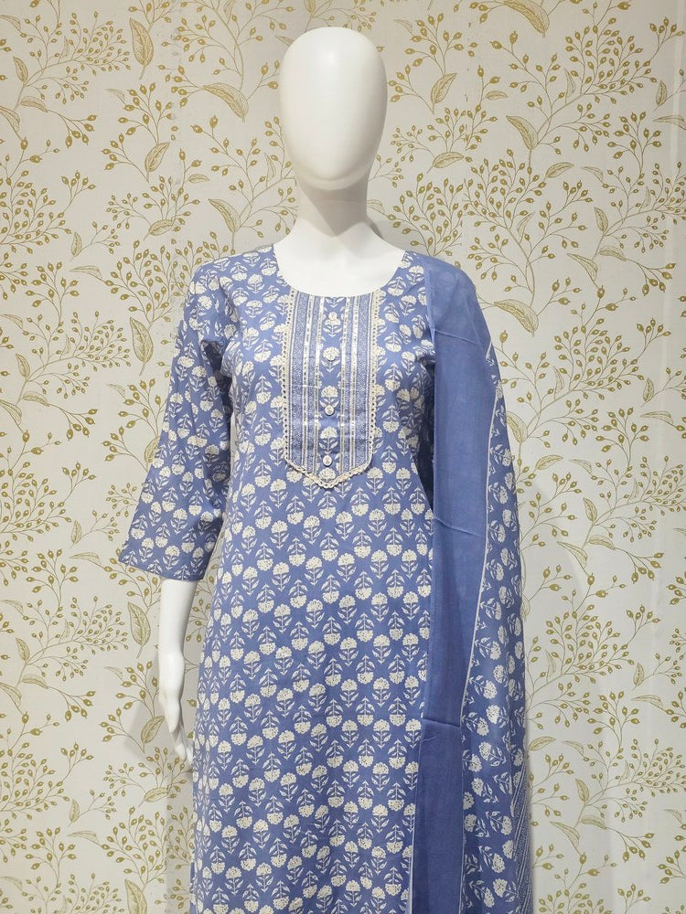Elegant Cotton Kurta Set Thread Embroidered Neckline & Printed Kota Doriya Dupatta