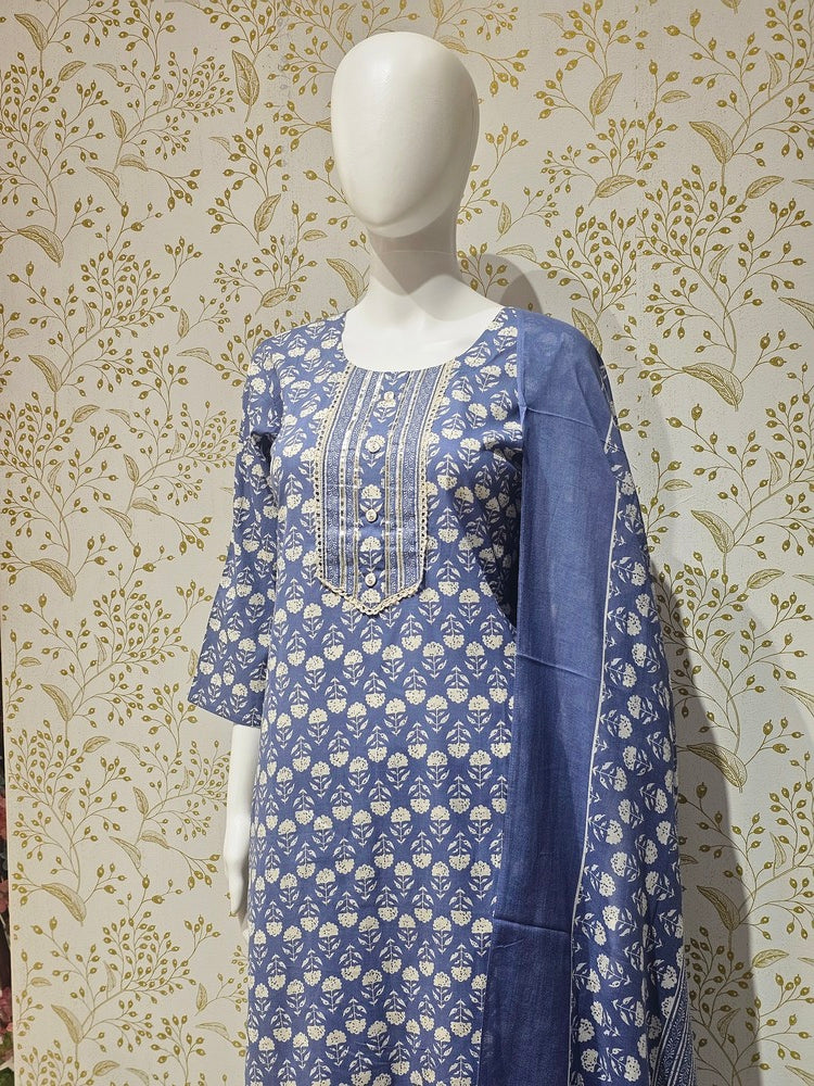 Elegant Cotton Kurta Set Thread Embroidered Neckline & Printed Kota Doriya Dupatta
