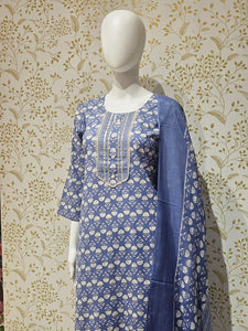 Elegant Cotton Kurta Set Thread Embroidered Neckline & Printed Kota Doriya Dupatta