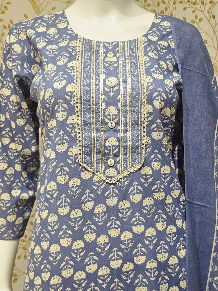 Elegant Cotton Kurta Set Thread Embroidered Neckline & Printed Kota Doriya Dupatta