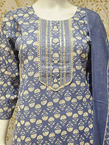 Elegant Cotton Kurta Set Thread Embroidered Neckline & Printed Kota Doriya Dupatta