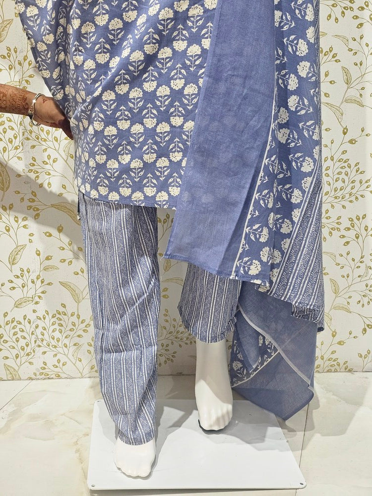 Elegant Cotton Kurta Set Thread Embroidered Neckline & Printed Kota Doriya Dupatta