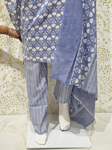 Elegant Cotton Kurta Set Thread Embroidered Neckline & Printed Kota Doriya Dupatta