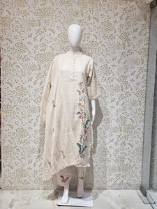 Elegant Khadi Cotton Kurta Set  Applique Work with Matching Pants & Dupatta