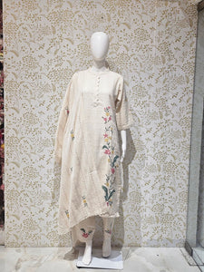 Elegant Khadi Cotton Kurta Set  Applique Work with Matching Pants & Dupatta