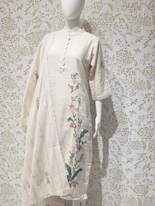 Elegant Khadi Cotton Kurta Set  Applique Work with Matching Pants & Dupatta