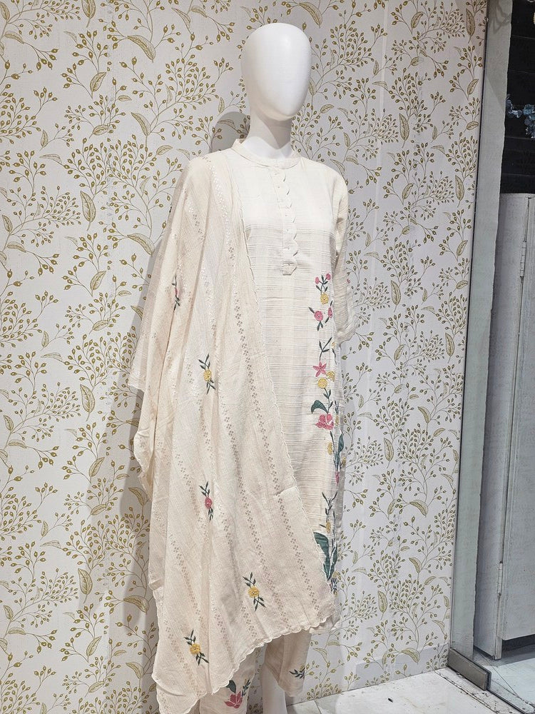 Elegant Khadi Cotton Kurta Set  Applique Work with Matching Pants & Dupatta