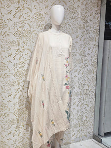 Elegant Khadi Cotton Kurta Set  Applique Work with Matching Pants & Dupatta