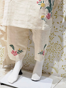 Elegant Khadi Cotton Kurta Set  Applique Work with Matching Pants & Dupatta