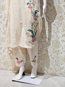 Elegant Khadi Cotton Kurta Set  Applique Work with Matching Pants & Dupatta