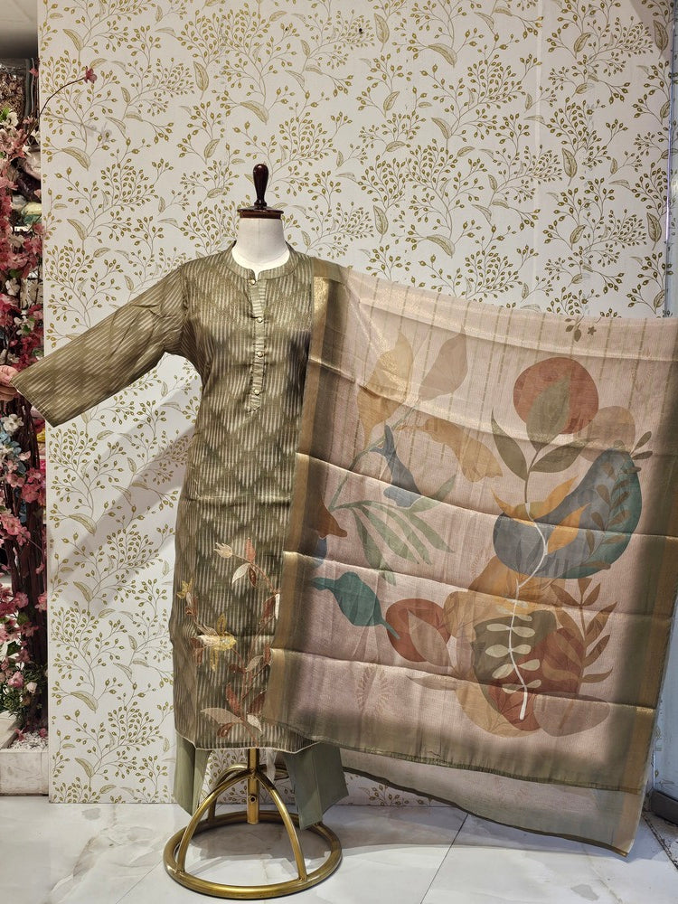 Elegant Tissue Chanderi Kurta Set  Digital Printed Kurta with Silk Pants & Lightweight Dupatta