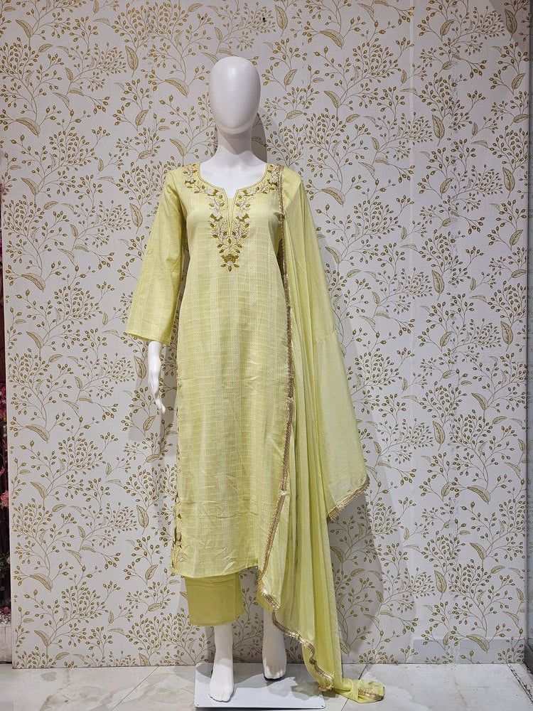 Elegant Cotton Kurta Set Thread Embroidered Neckline with Sequined Chiffon Dupatta