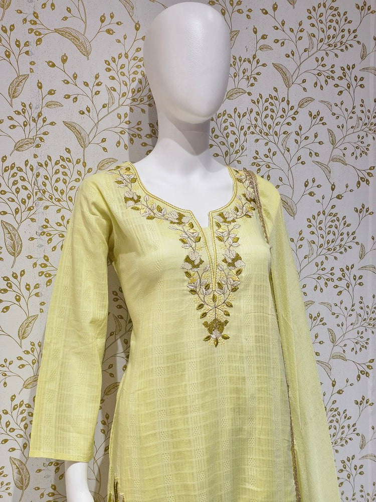Elegant Cotton Kurta Set Thread Embroidered Neckline with Sequined Chiffon Dupatta