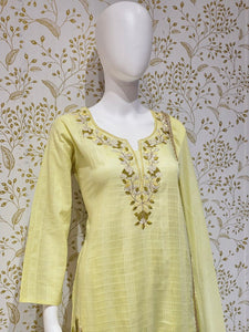 Elegant Cotton Kurta Set Thread Embroidered Neckline with Sequined Chiffon Dupatta