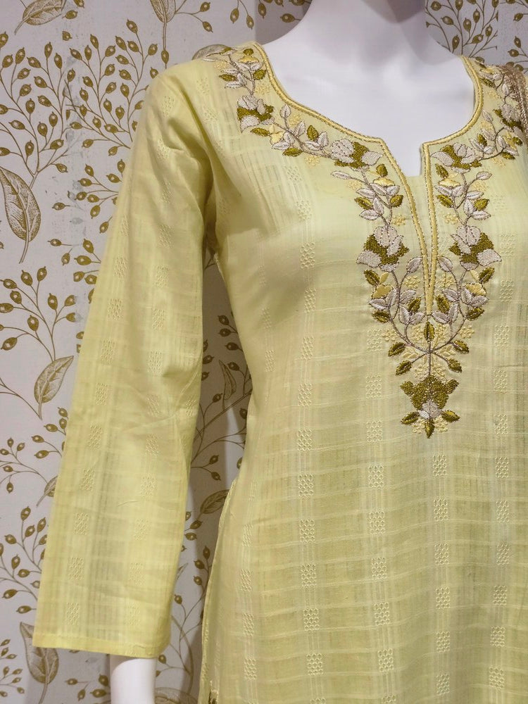 Elegant Cotton Kurta Set Thread Embroidered Neckline with Sequined Chiffon Dupatta